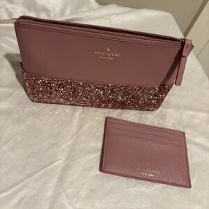 NWOT Kate Spade Rose Glitter Cosmetic Bag & Card Holder